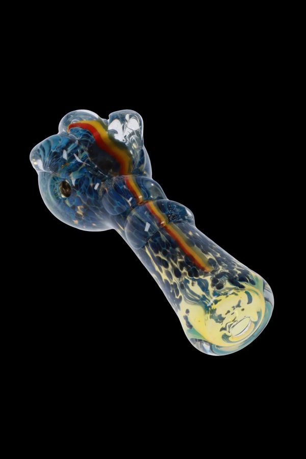 Colorful glass smoking pipe with swirling blue, yellow, and red patterns against a black background.