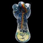 Blue and yellow glass pipe with rainbow accents against a black background.