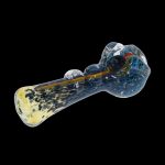 Hand pipe with blue and yellow glass swirl pattern.