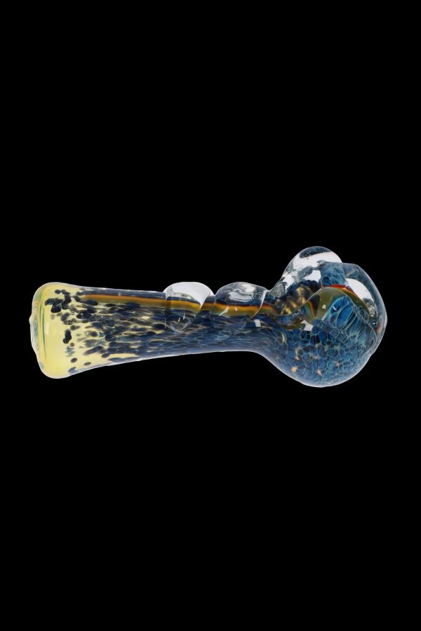 Blue and yellow glass pipe with intricate swirling patterns.