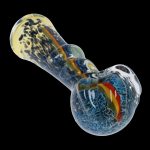Hand-blown glass pipe with blue and gold swirling patterns.