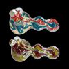 Two colorful glass pipes with intricate swirling patterns against a black background.