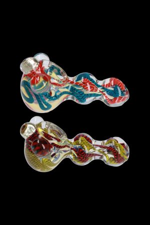 Two colorful glass pipes with intricate swirling patterns against a black background.