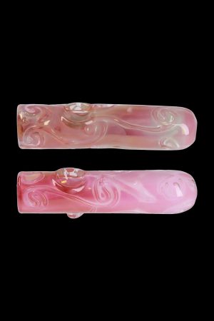 Pink glass pipe with floral swirls, displayed twice against a black background.