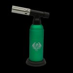 Green butane torch with dragon logo, used for dabbing cannabis concentrates.