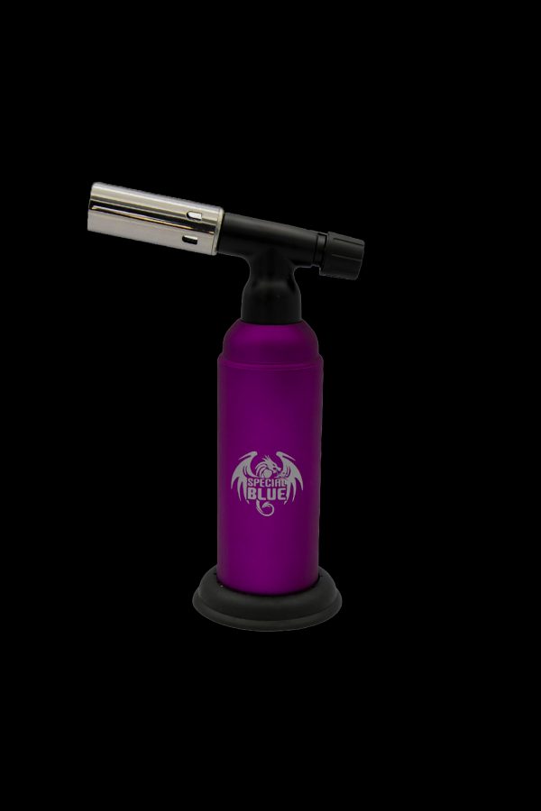 Purple butane torch lighter with "Special Blue" logo.