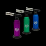 Three “Special Blue” butane torches in purple, teal, and blue against a black background.