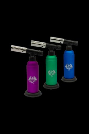 Three “Special Blue” butane torches in purple, teal, and blue against a black background.