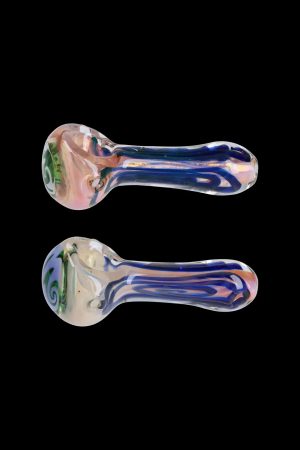 Two glass smoking pipes with colorful swirls, isolated on a black background.