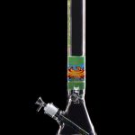 A tall, colorful glass bong with intricate swirls and a wide base, set against a black background.