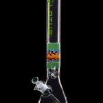 A vibrant green glass bong with colorful swirls and a glass bowl, isolated on a black background.