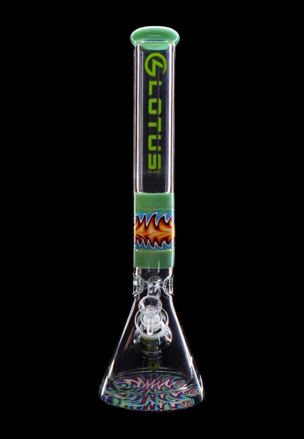 Green and colorful glass bong with intricate design and water filtration system.