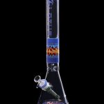 Blue glass bong with vibrant red and orange flame-like patterns, isolated on a black background.