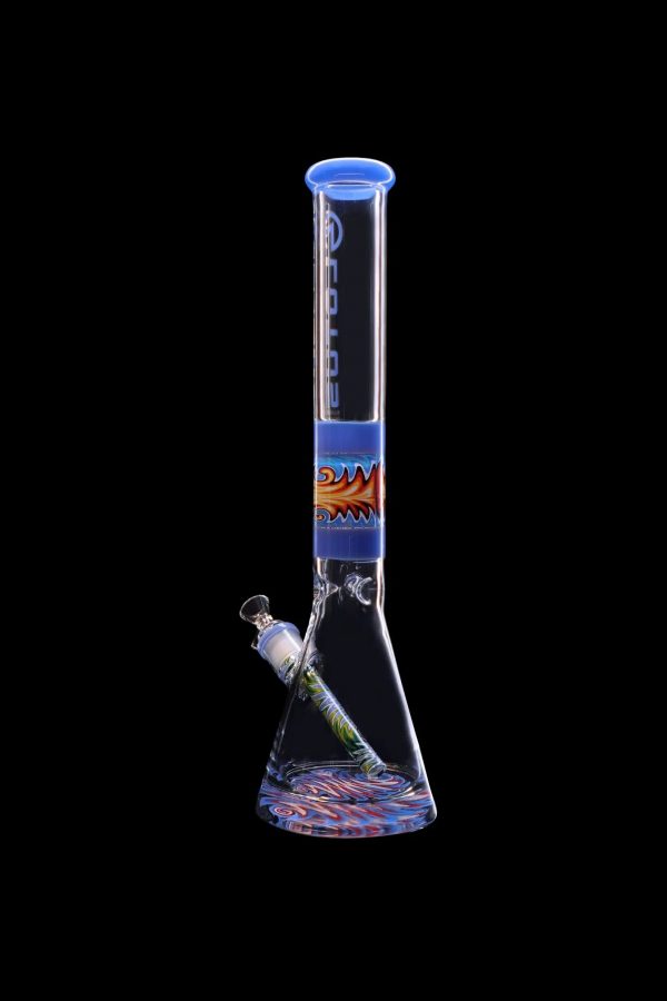 Blue glass bong with colorful swirling patterns and intricate glasswork.