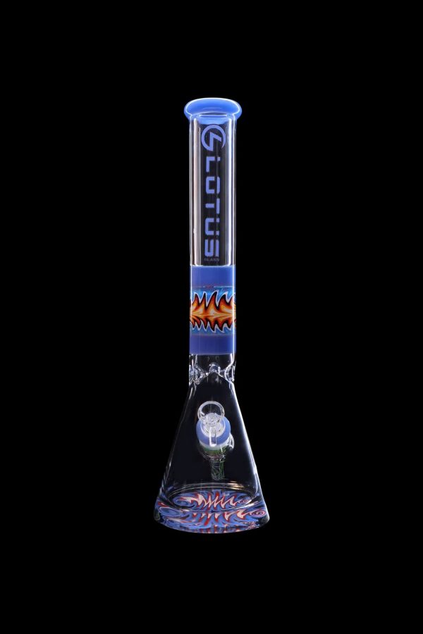 Blue and orange glass bong with flame design against a black background.