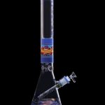 A glass bong with blue accents and colorful swirling patterns, featuring a glass bowl attachment.