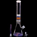 A vibrant glass bong with colorful swirling patterns, displayed with its downstem and bowl against a black background.