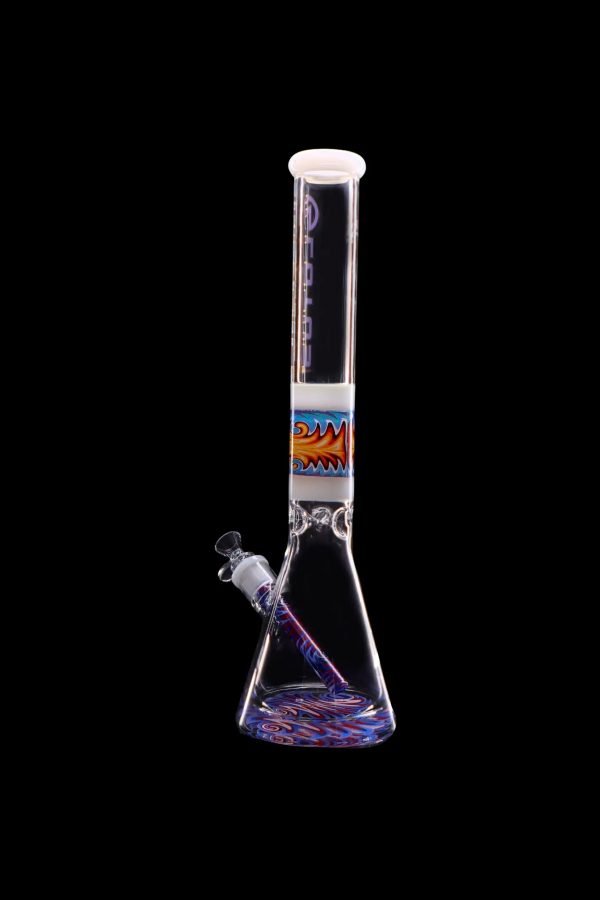 Glass water pipe (bong) with colorful swirling patterns and a glass bowl, isolated on a black background.