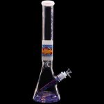 Glass bong with colorful swirling patterns against a black background.