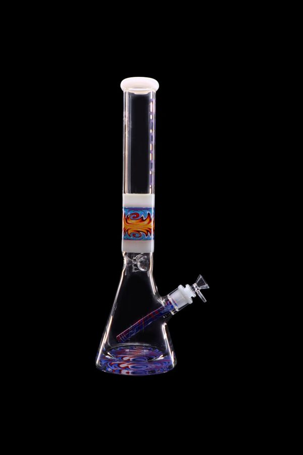 Glass bong with colorful swirling patterns against a black background.