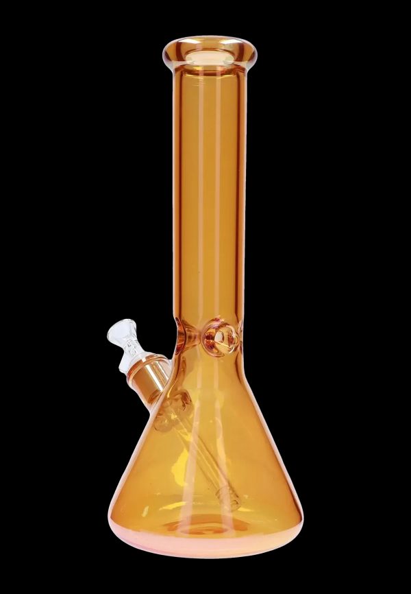Orange glass bong with a flared base and ice catcher.