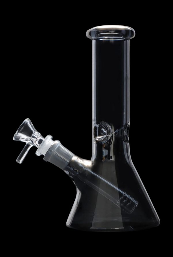 Clear glass bong with a flared base and angled neck.