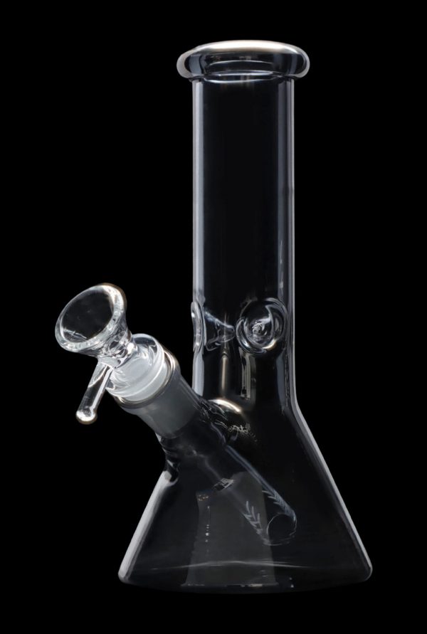 Clear glass bong with ice catcher and flared base, isolated on black.