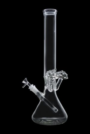 Clear glass bong with ice catcher, isolated on black.