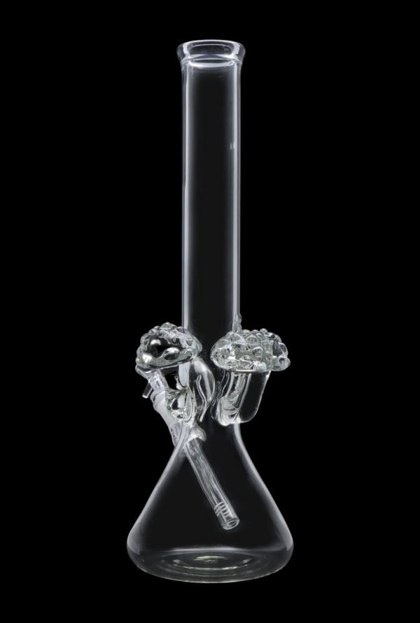Clear glass bong with mushroom-shaped percolators, isolated on a black background.