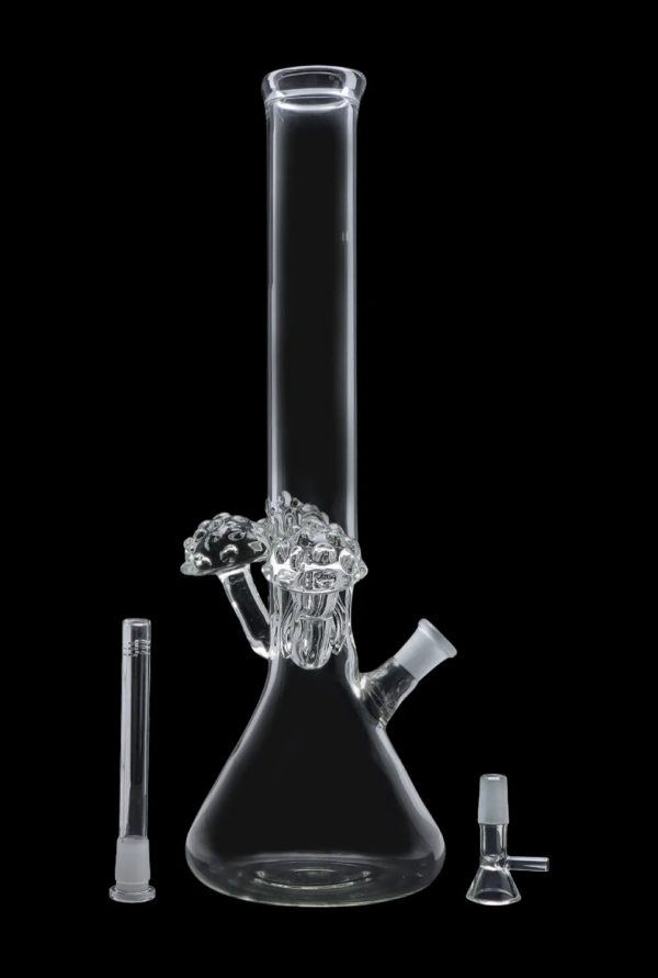 Clear glass bong with ice catcher, downstem, and bowl, isolated on a black background.