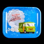 A metal rolling tray featuring artwork from the film "Cheech & Chong's Up in Smoke," depicting a green van emitting smoke with "420" on the license plate.