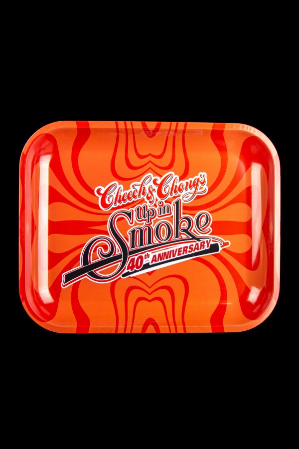 Red rolling tray with “Cheech & Chong’s Up in Smoke 40th Anniversary” logo.