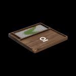 Wooden rolling tray with cannabis buds and white granules, featuring a stylized "01" logo.