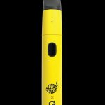 Front view of the Lemonnade x G Pen Micro+ Concentrate Vaporizer, showcasing its sleek, pen-like design against a plain black background.