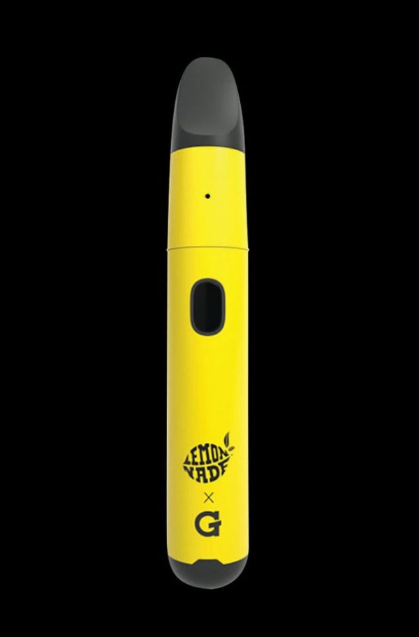 Front view of the Lemonnade x G Pen Micro+ Concentrate Vaporizer, showcasing its sleek, pen-like design against a plain black background.