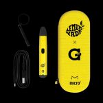 Front view of the Lemonnade x G Pen Micro+ Concentrate Vaporizer with a charging cable laid beside it on a black surface.