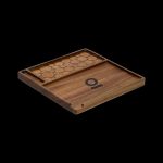Wooden cannabis rolling tray with patterned insert and logo.