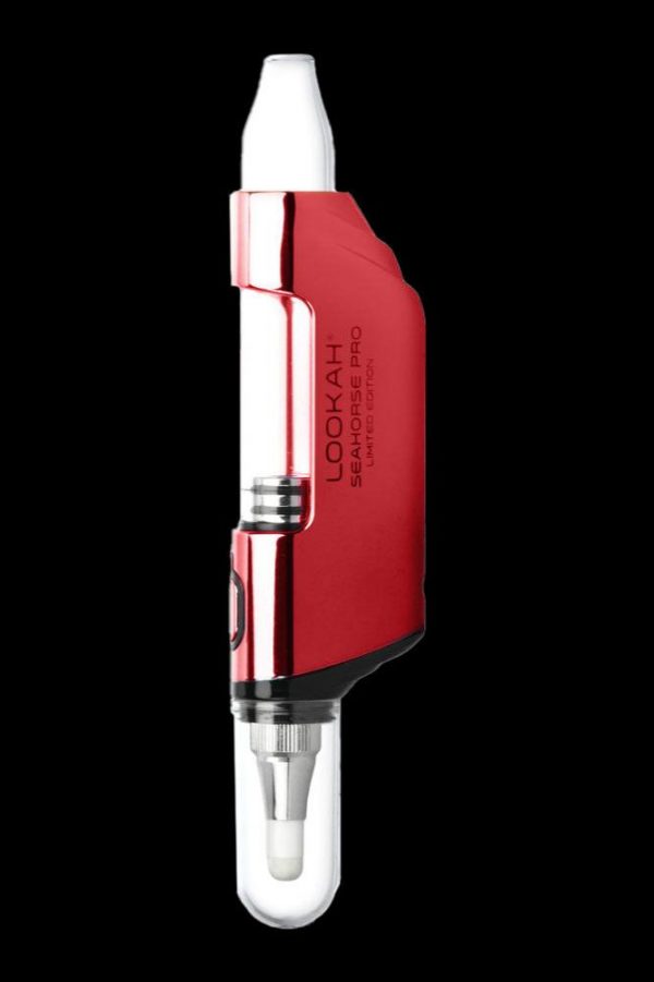 Red Lookah Seahorse Pro limited edition dab pen with glass mouthpiece and quartz coil.