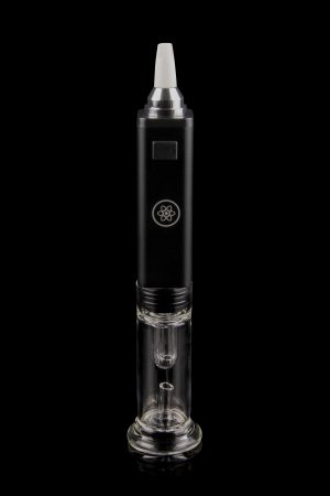 Black and clear glass electronic dab rig (e-rig) for cannabis concentrate vaporization.