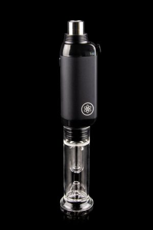 Black and clear electronic dab rig (e-rig) against a black background.