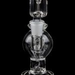Clear glass bubbler with spherical chamber and intricate design.