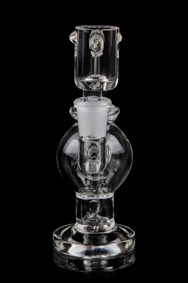 Clear glass bubbler with spherical chamber and intricate design.