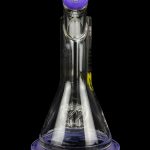 Clear glass rig with purple accents, featuring a bubbler design for cannabis concentrate use.