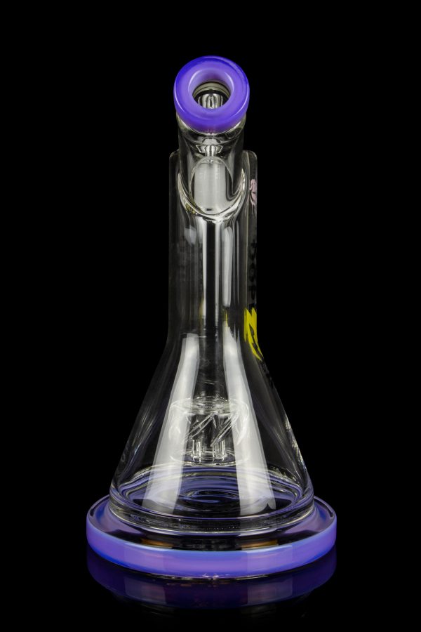 Clear glass rig with purple accents, featuring a bubbler design for cannabis concentrate use.