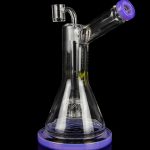 Clear glass water pipe (bong) with a purple base and mouthpiece, isolated on a black background.