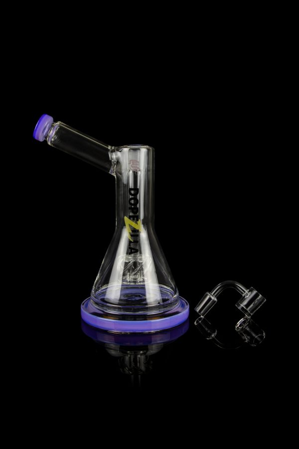Glass water pipe (bong) with purple accents and accompanying glass bongs attachments on a black background.