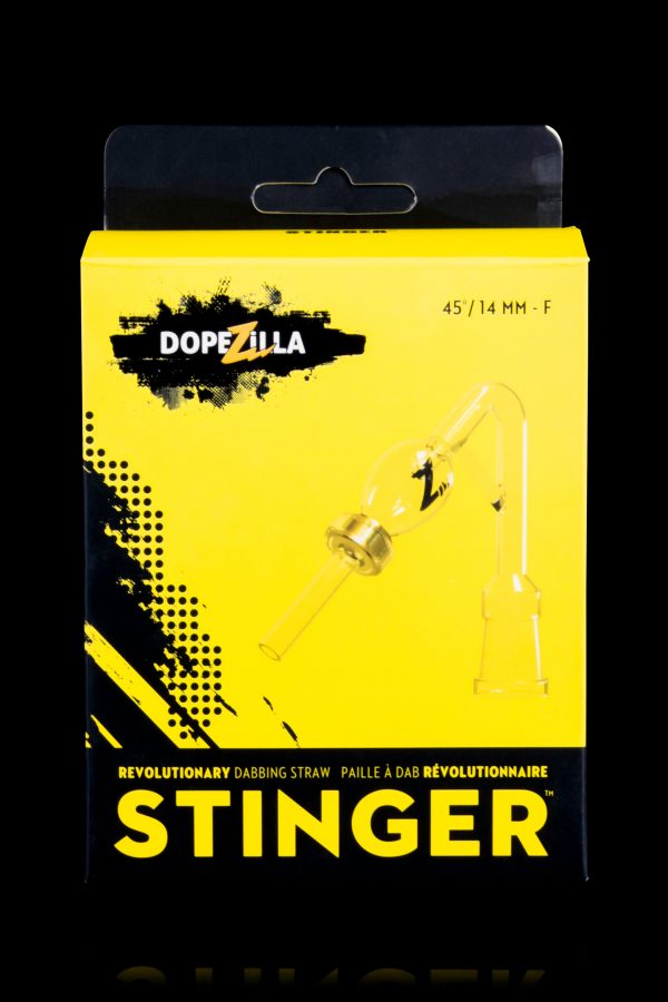 Yellow packaging for a “Stinger” cannabis dabbing straw with branding and specifications.
