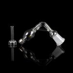 Glass bubbler and downstem against a black reflective surface.