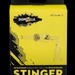 Yellow packaging for “Stinger” revolutionary dabbing straw by Dopezilla, featuring a diagram of the product and branding elements.