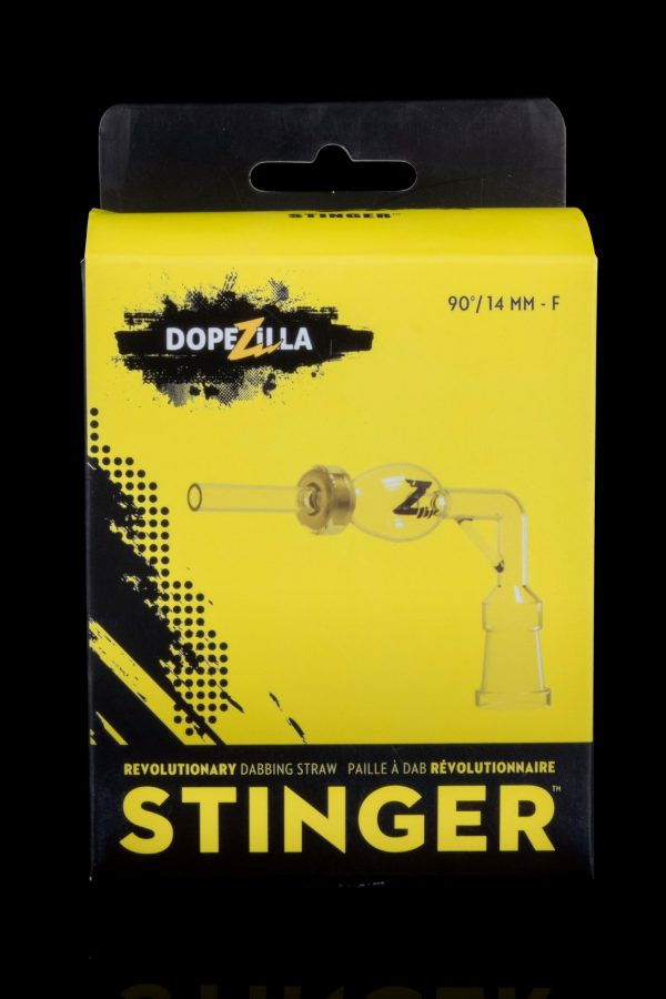 Yellow packaging for “Stinger” revolutionary dabbing straw by Dopezilla, featuring a diagram of the product and branding elements.